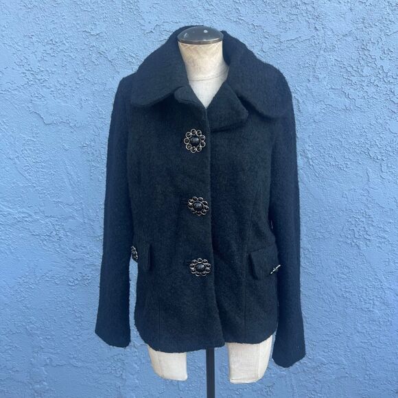 JOUJOU Black Wool Blend y2k Coat Pockets Size M Large collar jacket Jackie O - Picture 2 of 14